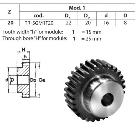 Tandwiel Moduul 1 20T-H met naaf