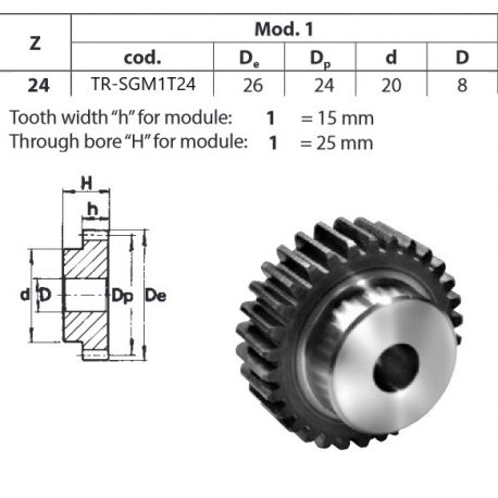 Tandwiel Moduul 1 24T-H met naaf