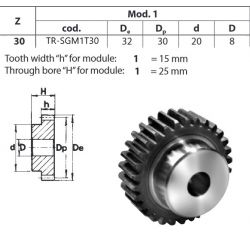 Tandwiel Moduul 1 30T-H met naaf