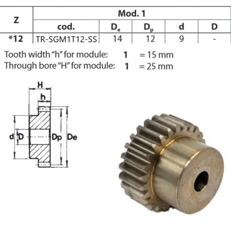 Tandwiel RVS Moduul 1 12T met naaf