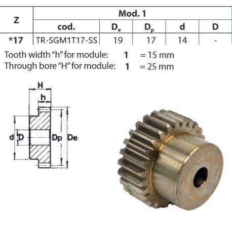 Tandwiel RVS Moduul 1 17T met naaf