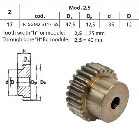 Tandwiel RVS Moduul 2.5 17T met naaf