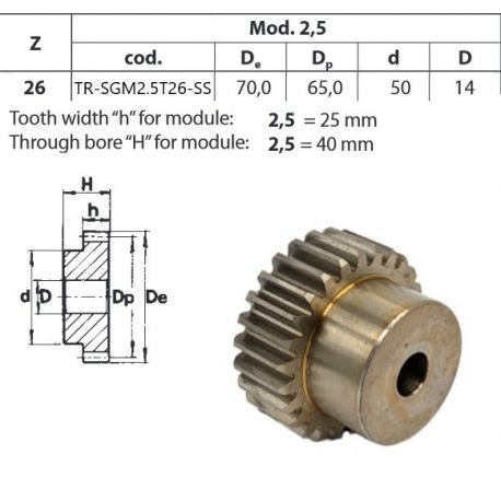 Tandwiel RVS Moduul 2.5 26T met naaf
