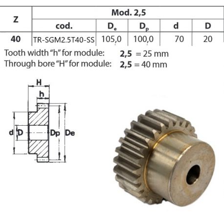 Tandwiel RVS Moduul 2.5 40T met naaf