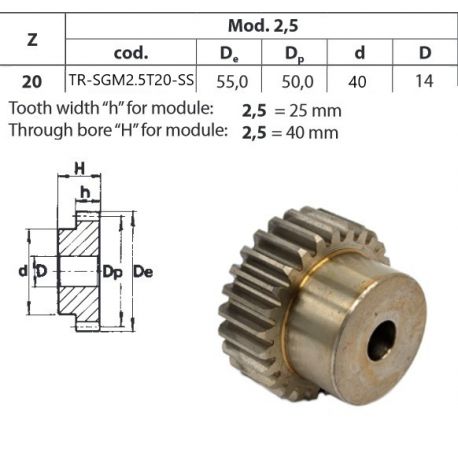 RVS tandwiel moduul 2.5 Z20 met naaf