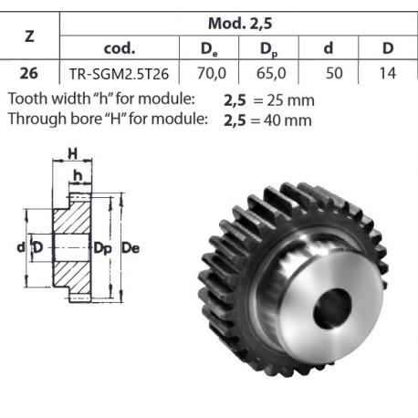 Tandwiel Moduul 2.5 26T-H met naaf