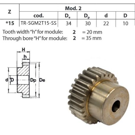 Tandwiel RVS Moduul 2 15T met naaf