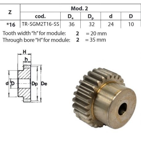 Tandwiel RVS Moduul 2 16T met naaf