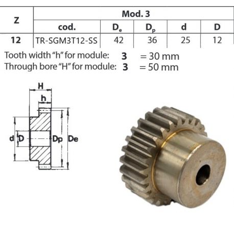 Tandwiel RVS Moduul 3 12T met naaf