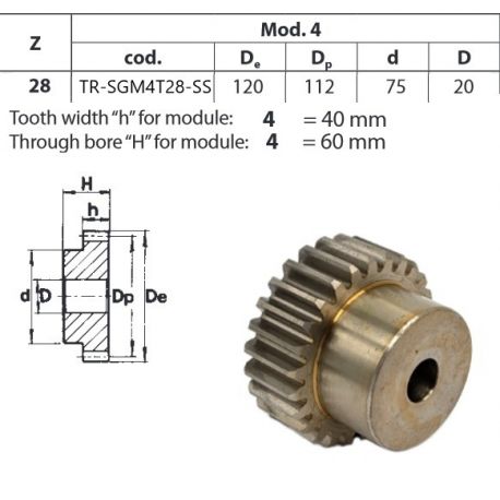 Tandwiel RVS Moduul 4 28T met naaf