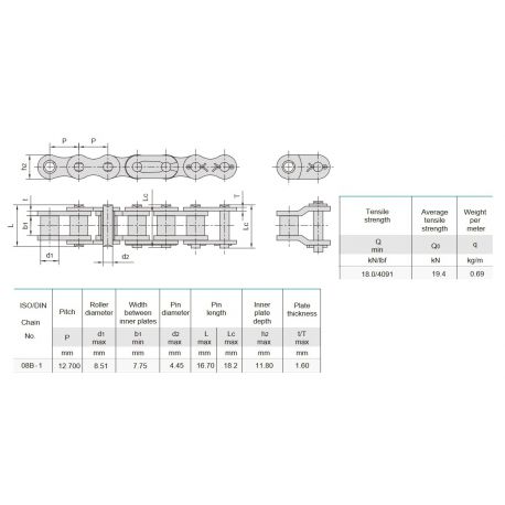 Rollenketting 08B-1 Geomet