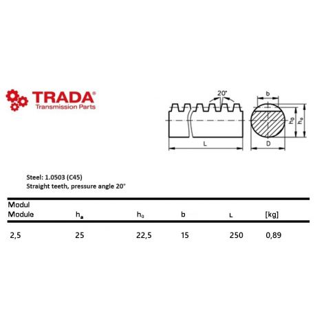 Tandheugel staal rond moduul 2.5 Ø25 L0250mm