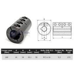 Starre koppeling 1-delig 14mm met spie