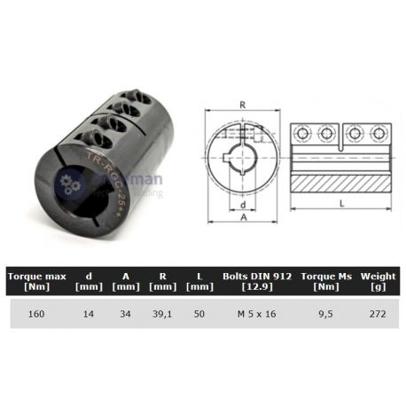 Starre koppeling 1-delig 14mm met spie