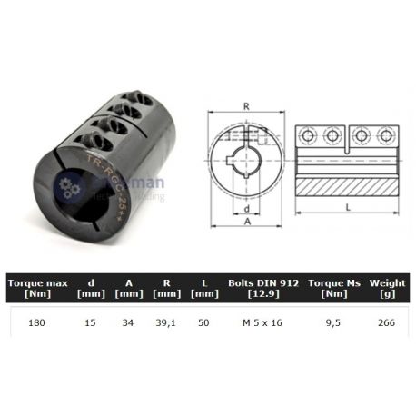 Starre koppeling 1-delig 15mm met spie