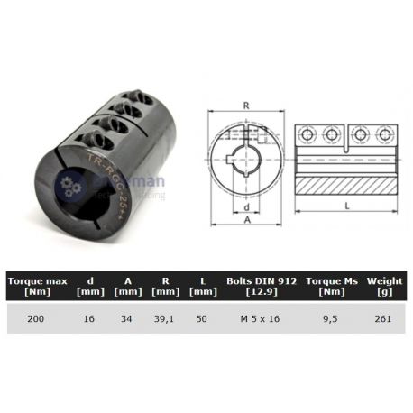 Starre koppeling 1-delig 16mm met spie