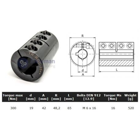 Starre koppeling 1-delig 19mm met spie
