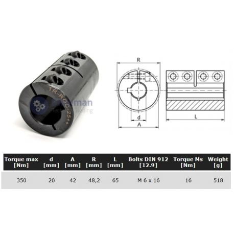 Starre koppeling 1-delig 20mm met spie