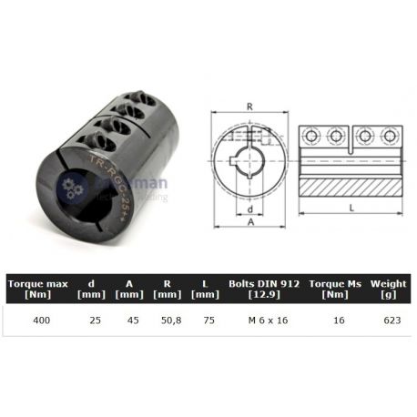 Starre koppeling 1-delig 25mm met spie