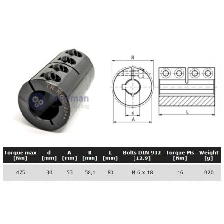 Starre koppeling 1-delig 30mm met spie