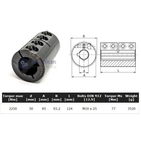 Starre koppeling 1-delig 50mm met spie