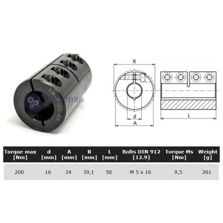 Starre koppeling 1-delig 16mm zonder spie