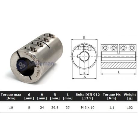 Starre koppeling RVS 1-delig 08mm met spie