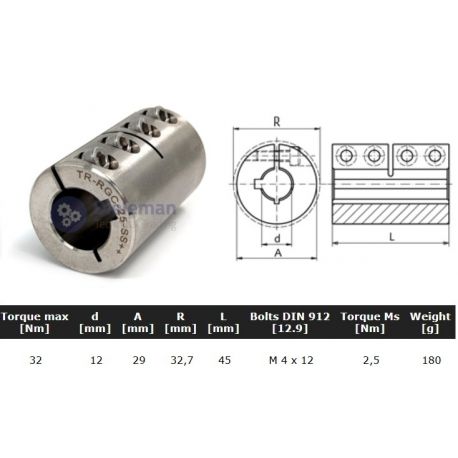 Starre koppeling RVS 1-delig 12mm met spie