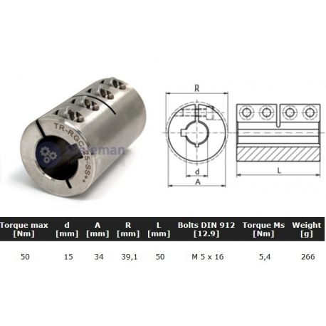 Starre koppeling RVS 1-delig 15mm met spie