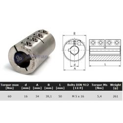 Starre koppeling RVS 1-delig 16mm met spie