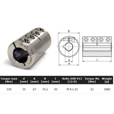Starre koppeling RVS 1-delig 35mm met spie