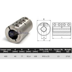 Starre koppeling RVS 1-delig 40mm met spie