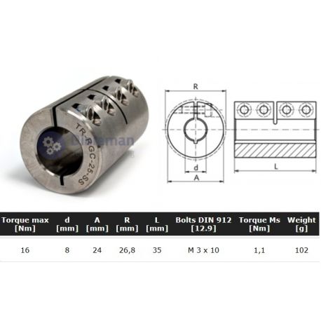 Starre koppeling RVS 1-delig 08mm zonder spie