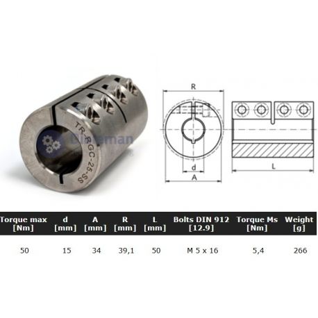 Starre koppeling RVS 1-delig 15mm zonder spie