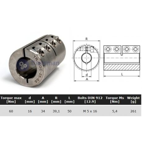 Starre koppeling RVS 1-delig 16mm zonder spie
