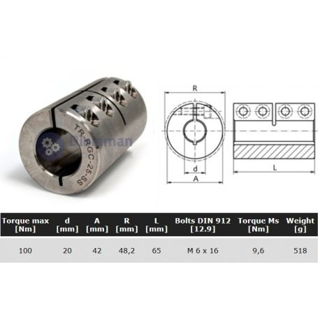 Starre koppeling RVS 1-delig 20mm zonder spie