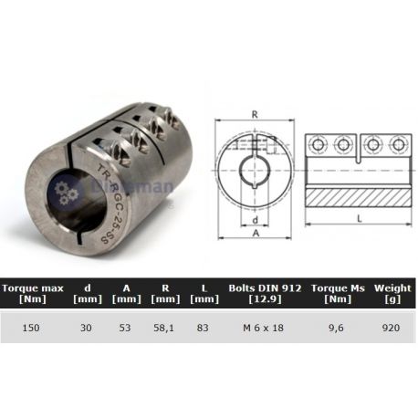 Starre koppeling RVS 1-delig 30mm zonder spie