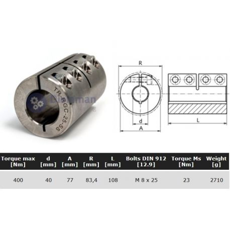 Starre koppeling RVS 1-delig 40mm zonder spie
