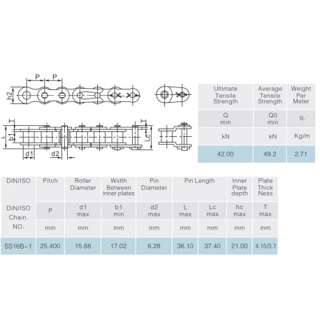 RVS rollenketting 16B-1 SS naadloze bus